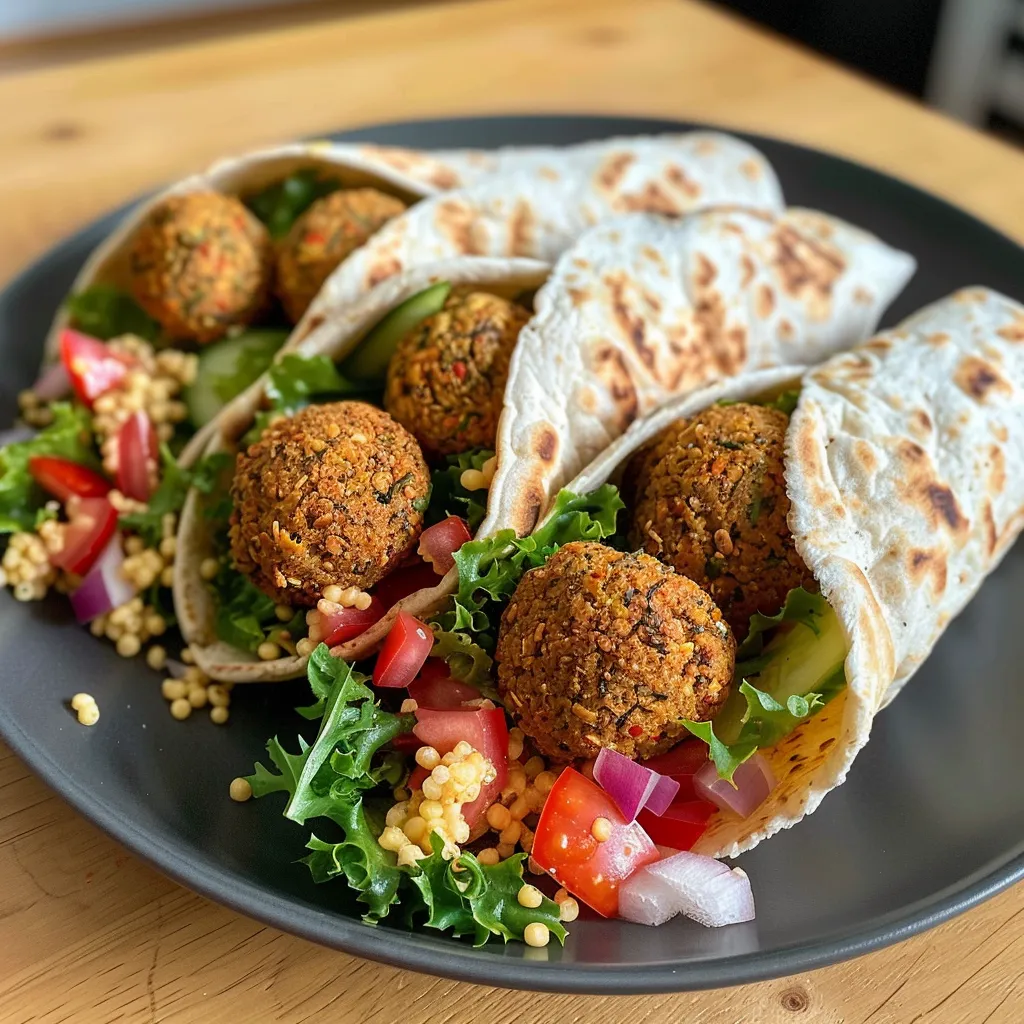 Frisches Falafel-Wrap mit Eisbergsalat, Tomaten und Gurken.