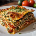 Frisch gebackene Gemüse-Lasagne mit Schichten von Spinat und buntem Gemüse.
