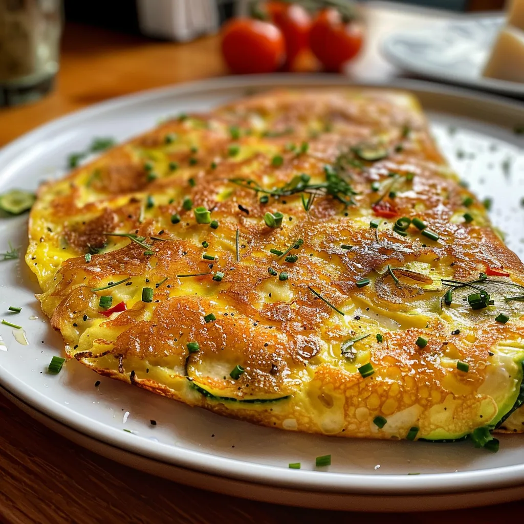 Nahezu perfekt geformte Gemüseomelette mit frischem Gemüse.