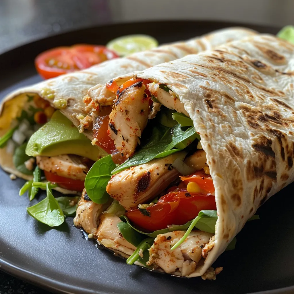 Blick auf einen bunten Chicken Crunch Wrap auf einem weißen Teller.