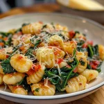 Gnocchi in einer Pfanne, umgeben von frischen Kräutern und Gewürzen.