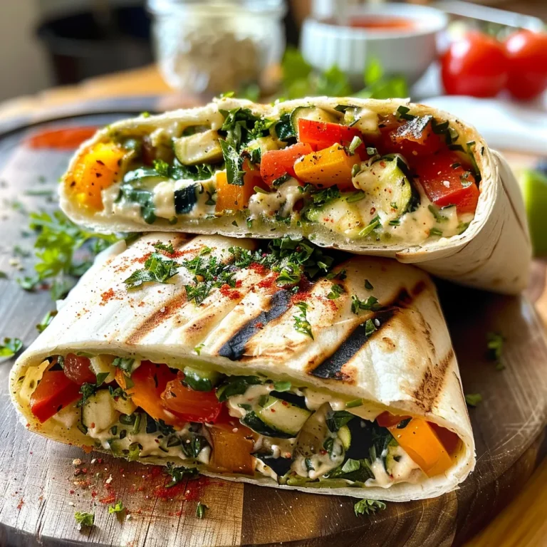 Leckere Grillgemüse-Wraps mit Hummus für Jeden Anlass Frisch zubereiteter Grillgemüse-Wrap, gefüllt mit Kichererbsen und buntem Gemüse, auf einem Holzbrett.