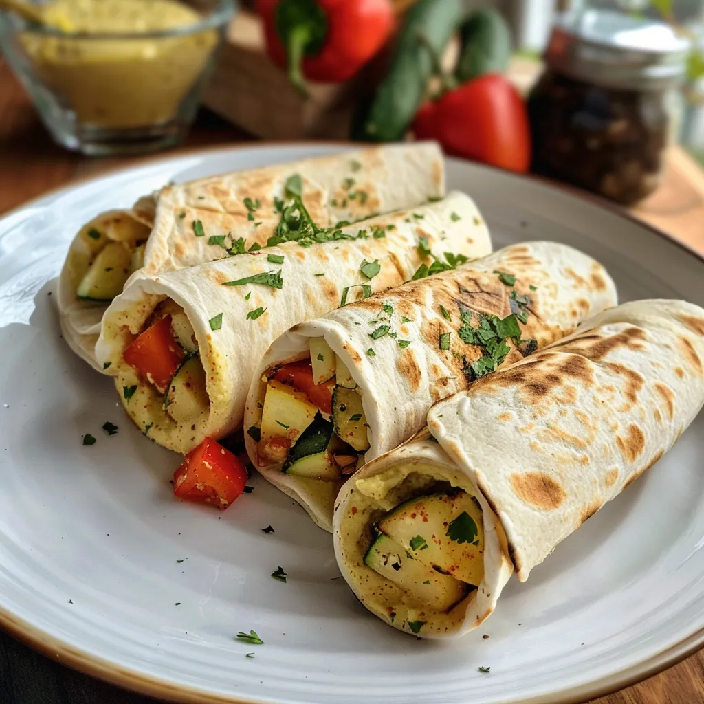 Detailansicht von Grillgemüse-Wraps mit Hummus, dekoriert mit frischen Kräutern.