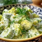 Frischer Gurkensalat mit Dill und Joghurt auf einem weißen Teller.