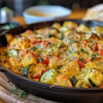 Detailansicht von Kartoffelauflauf, gefüllt mit Brokkoli, Paprika und Zucchini.