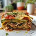 Seitenansicht einer frisch zubereiteten Keto-Lasagne aus Zucchini mit geschmolzenem Käse und reichhaltiger Sauce.