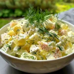 Detailaufnahme von Gurkensalat mit Schlagsahne, Dill und Zwiebeln.
