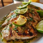 Gegrillte Hähnchenspieße mit Koriander und Limettenscheiben, angerichtet auf einem Teller.