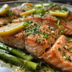 Lachsfilet mit frischem grünen Spargel und Zitronenscheiben.