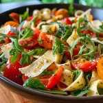 Detailansicht eines Nudelsalats mit Farfalle, Tomaten und Mozzarella.