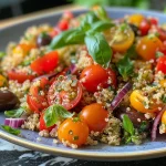 Detailaufnahme eines gesunden Quinoa-Salats mit Kirschtomaten und schwarzen Oliven.