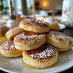 Mini-Pfannkuchen gestapelt, mit Puderzucker bestäubt.