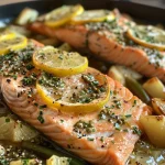 Detailaufnahme eines gerösteten Lachses mit grünem Spargel und Zitronenscheiben.