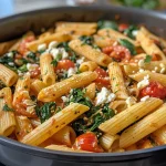 Detailreiche Darstellung von One Pot Feta-Spinat Pasta mit frischem Gemüse.