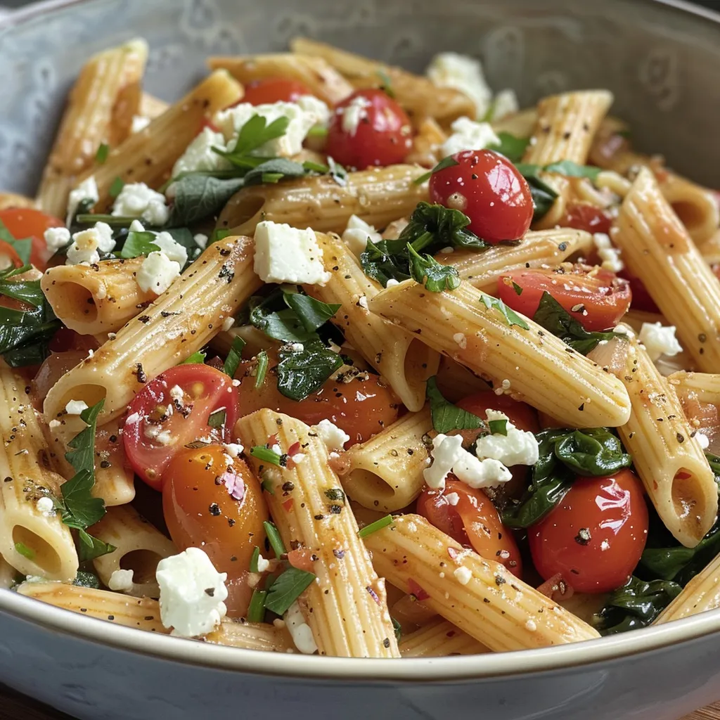 Appetitlich angerichtete One Pot Feta-Spinat Pasta mit Feta und Tomaten.