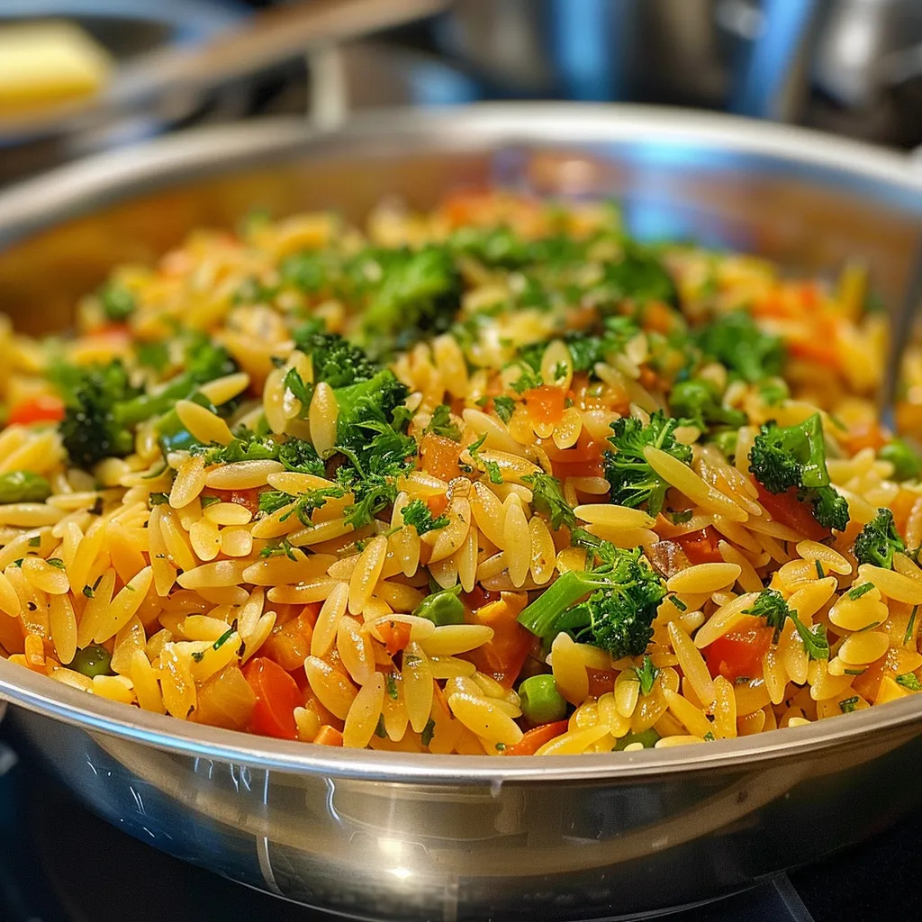 Detailaufnahme von cremiger Orzo Pasta mit frischen Zutaten.