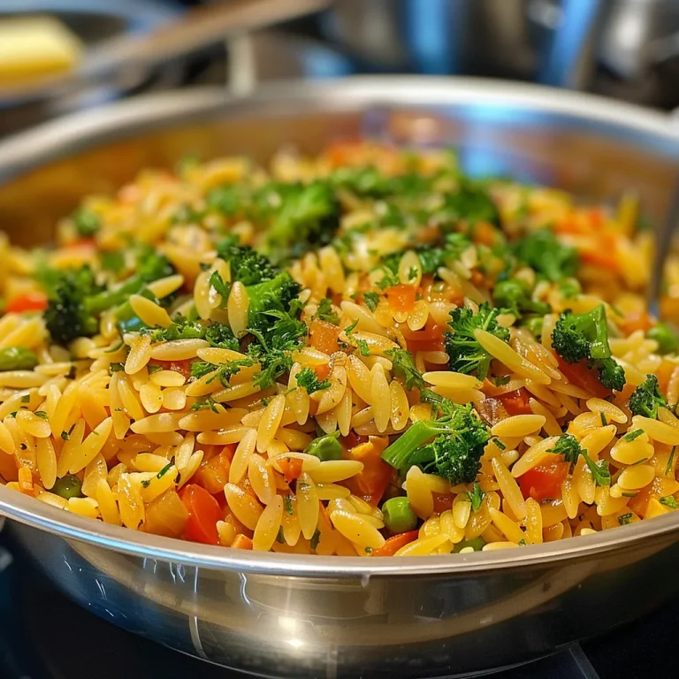Detailaufnahme von einer Schüssel mit Orzo-Pasta, Brokkoli und Möhren.