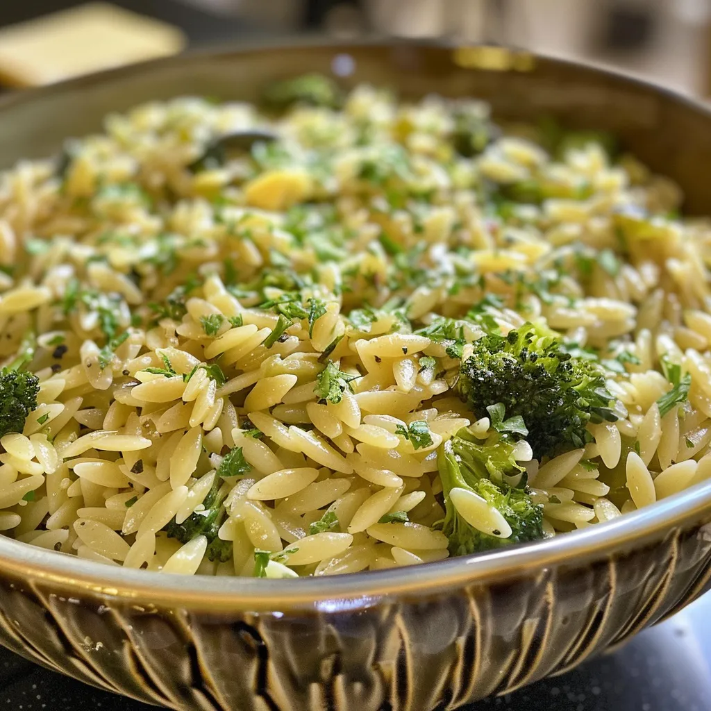 Verführerische One Pot Orzo Pasta mit einer goldbraunen Käseschicht.