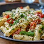Detailaufnahme eines Tellers Pasta mit Spargel und Parmesan.