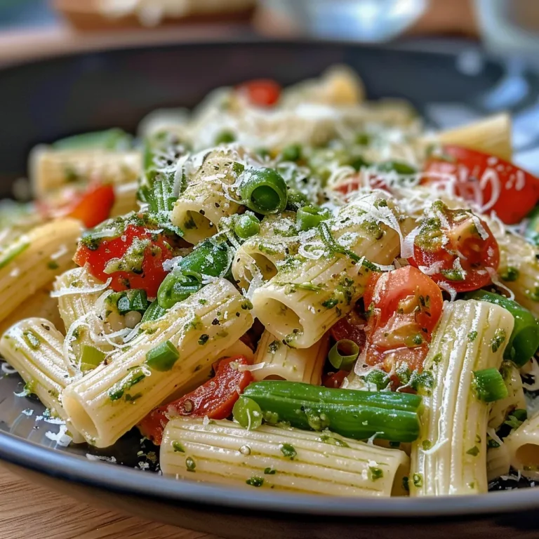 Detailaufnahme eines Tellers Pasta mit Spargel und Parmesan.