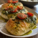 Hähnchenbrustfilets in einer cremigen Pesto-Sauce, garniert mit Basilikum.