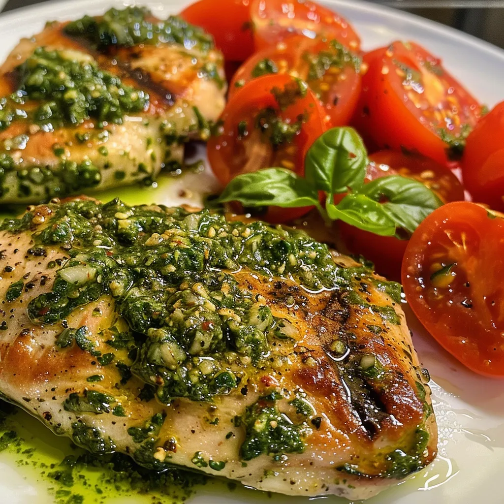 Verlockendes Pesto-Hähnchen, serviert mit bunten Kirschtomaten.