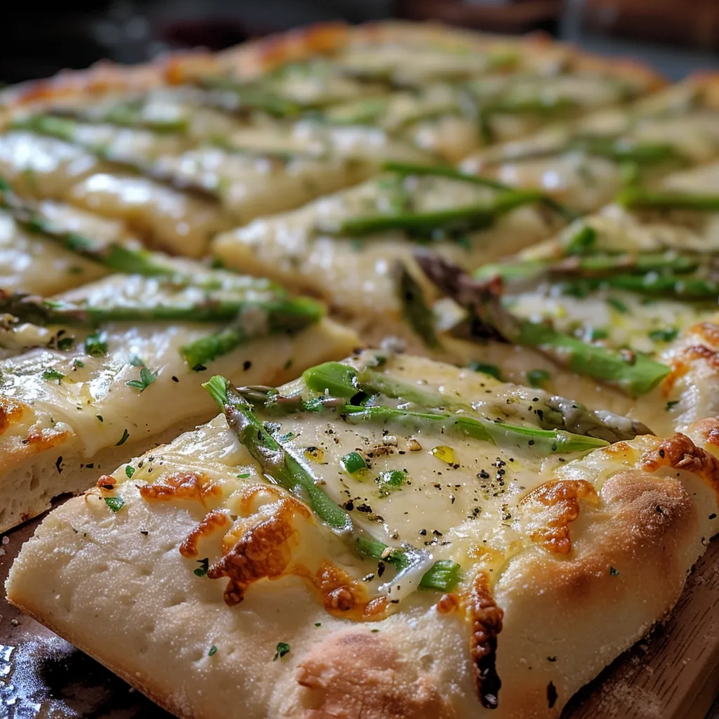 Appetitliche Pizza bianca, die mit Käse und Bärlauchpesto verfeinert ist.