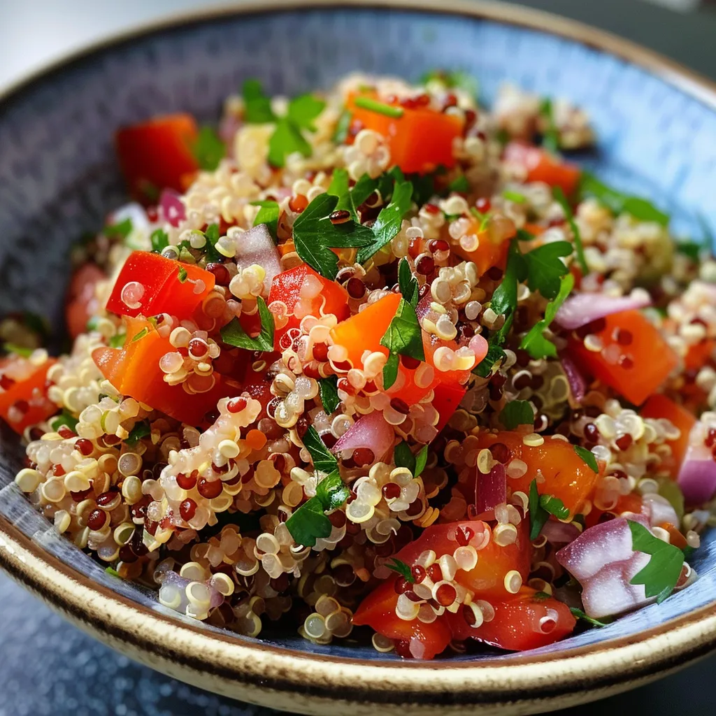 Leckerer Quinoa-Salat, serviert in einem weißen Teller.