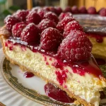 Detailaufnahme von einem Rhabarber-Cheesecake, der mit Streuseln bedeckt ist.