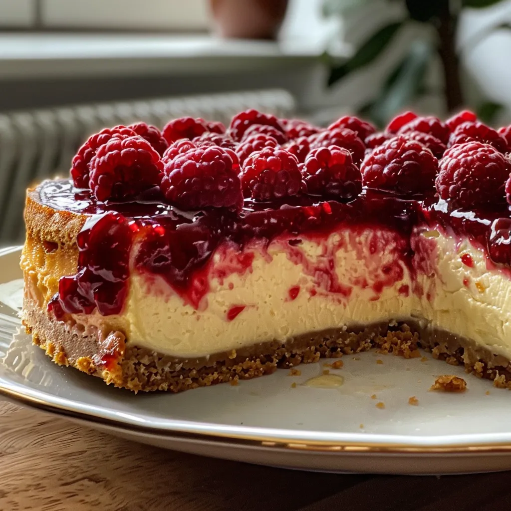 Detailaufnahme eines Stücks Rhabarber-Cheesecake mit frischem Rhabarber.