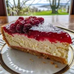 Seitenansicht eines saftigen Rhabarber-Cheesecake-Desserts auf einem Teller.