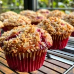Detailaufnahme eines köstlichen Muffins mit Rhabarber und Streuseln.