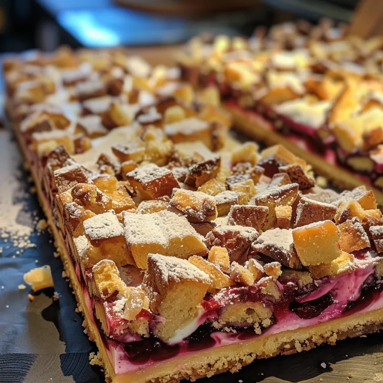 Detailaufnahme eines frisch gebackenen Rhabarberkuchens, der mit Puderzucker bestreut ist.