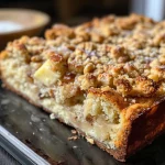 Detailaufnahme eines Rhabarberkuchens mit goldenen Streuseln und rosa Rhabarberstücken.