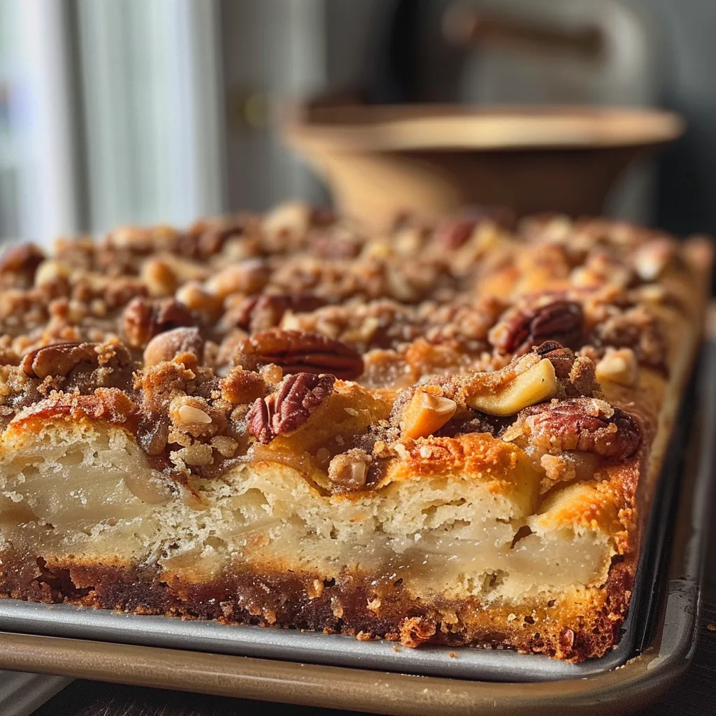 Rhabarberkuchen mit knusprigen Streuseln in einer gemütlichen Küchenszene.