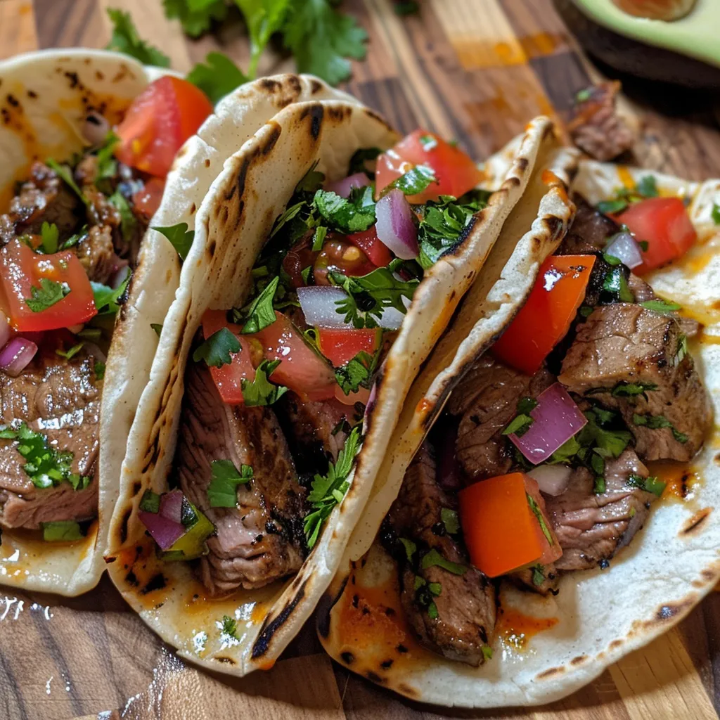 Zwei Tacos aus Weizenteig gefüllt mit würzigem Rinderhackfleisch und Avocadoöl.