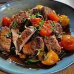 Seitenansicht von Rinderhackfleisch-Wokgericht, reich an Kirschtomaten und Paprika.