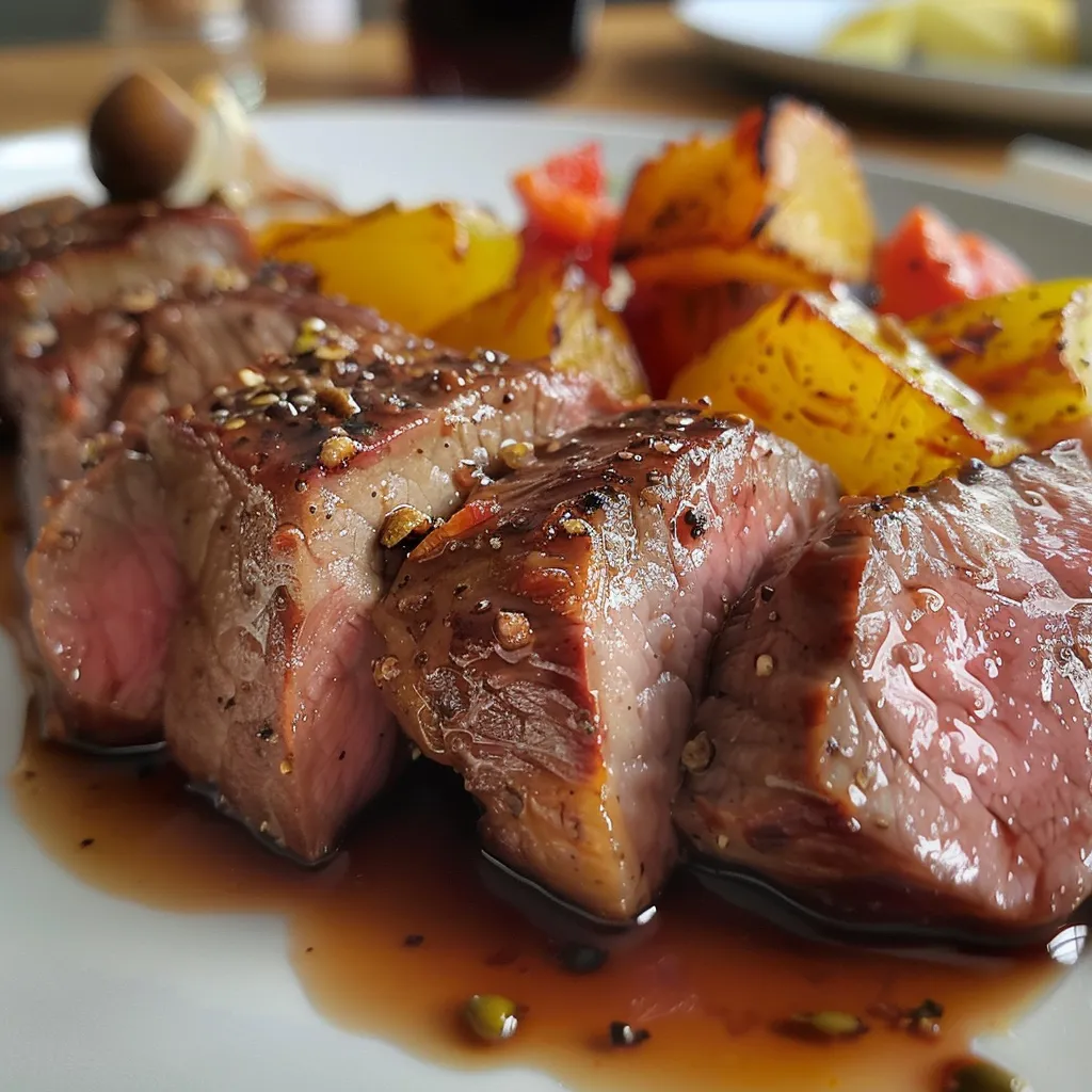 Detailaufnahme von saftigem Rindfleisch und Gemüse in einer Pfanne.