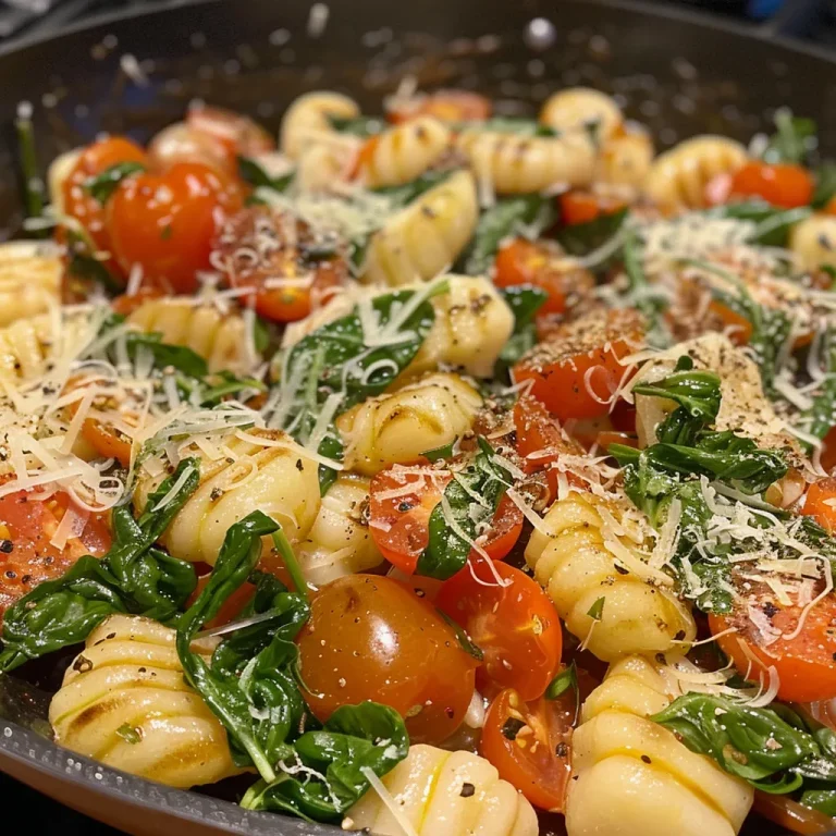 Teller mit Gnocchi, Cherry-Tomaten und Spinat, in einem rustikalen Ambiente.