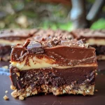 Seite eines saftigen Schokoladen No-Bake Käsekuchen Riegels, mit Schokoladensauce.