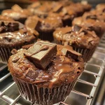 Detailaufnahme eines Schokomuffins, reichhaltig und saftig mit Schokoladenstückchen.