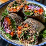 Detailaufnahme eines Wraps, der mit buntem Gemüse und Bohnen gefüllt ist.