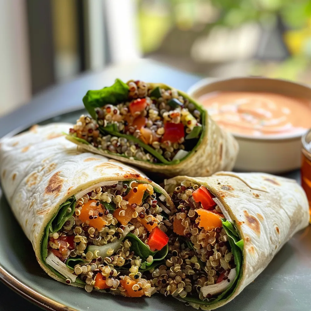 Close-up eines saftigen Wraps mit Schwarze Augenbohnen und frischem Spinat.