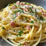 Detailaufnahme von Spargel Carbonara, die cremige Sauce und grüne Spargelstücke zeigt.