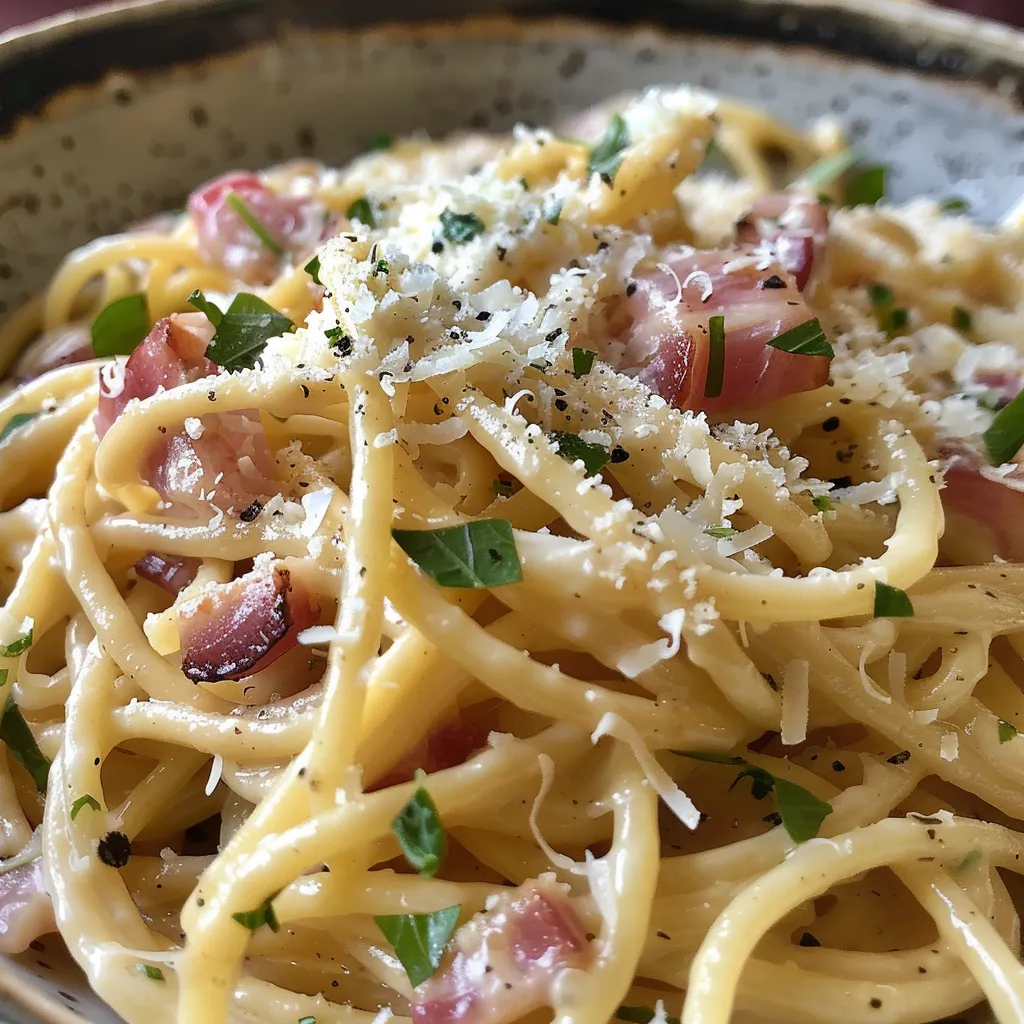 Lecker aussehende Spargel Carbonara, serviert mit geriebenem Parmesan und Pfeffer.