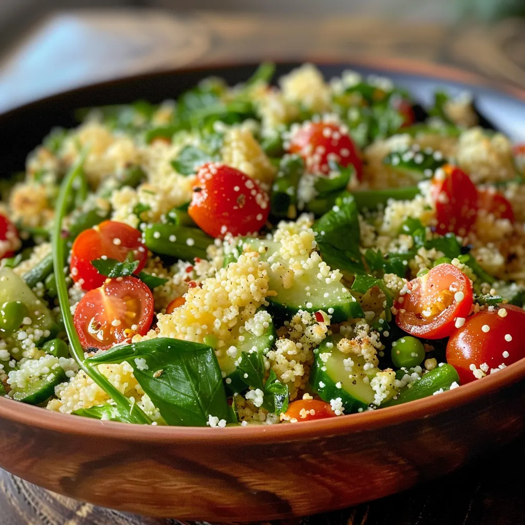 Bunter Salat aus Couscous, grünem Spargel und Babyspinat auf einem weißen Teller.