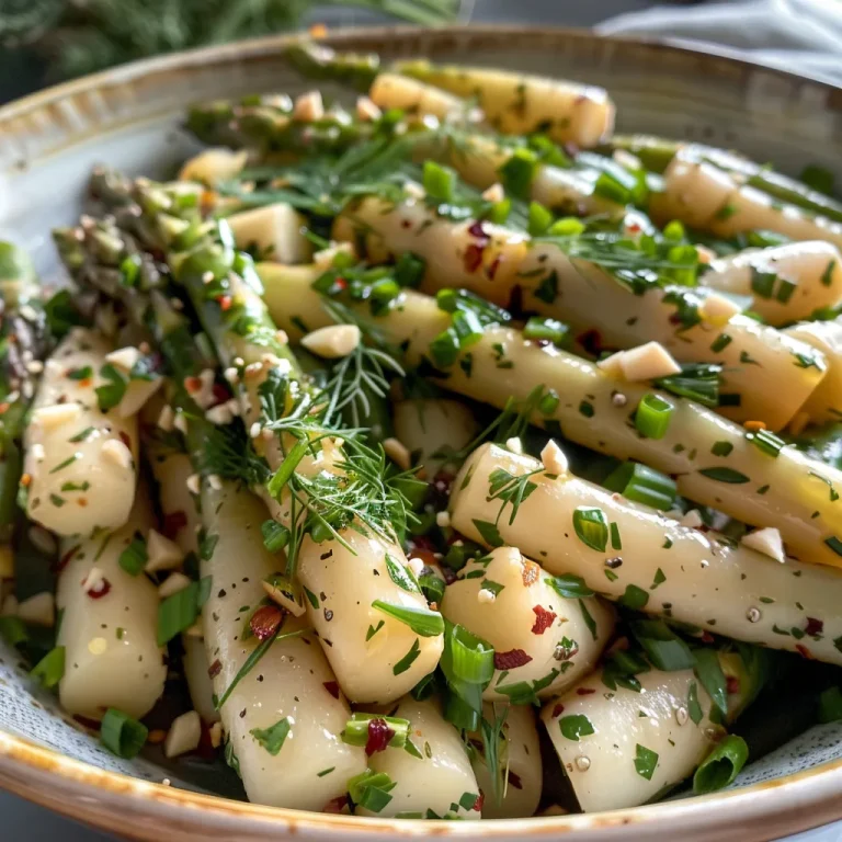 Frischer Spargel Kartoffel Salat, angerichtet mit Honig Senf Dressing.