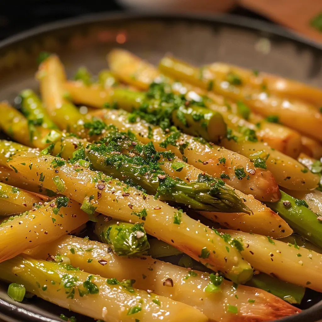 Klassisches Gericht mit Spargel, Schinken und einer Sauce in einem eleganten Anrichtestil.