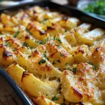 Detailaufnahme eines warmen Spargelauflaufs, bestehend aus Kartoffeln und Schinkenwürfeln.