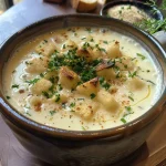 Schüssel mit Spargelcremesuppe, dekoriert mit Petersilie und knusprigen Toastwürfeln.